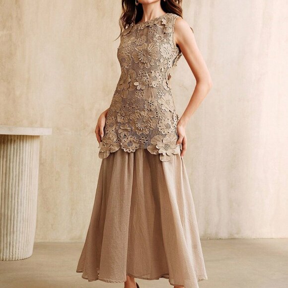 Khaki Elegant Women's Holiday Hollow Flower Patchwork Chiffon Dress - Picture 5 of 7